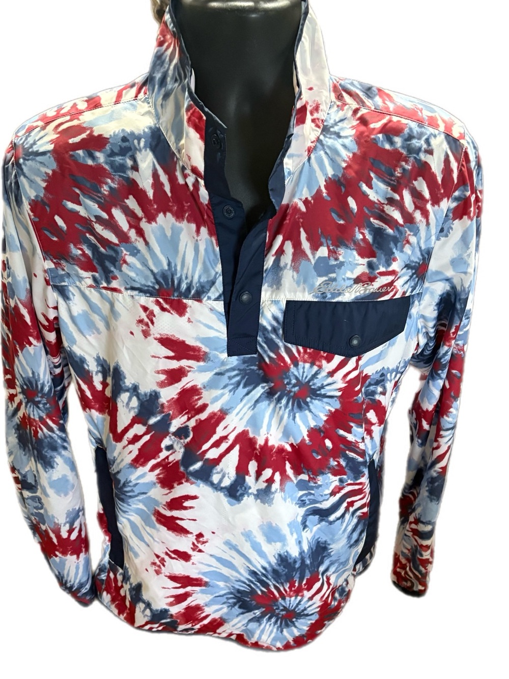 Eddie Bauer Long-Sleeve Tie-Dye Pullover in Red, Blue & White
